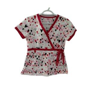 KOI by Kathy Peterson Scrub Top Women Size XS Heart Print Pink Red V-neck